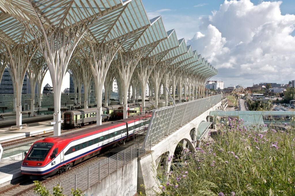 Train under the white steel canopy of a large modern station.