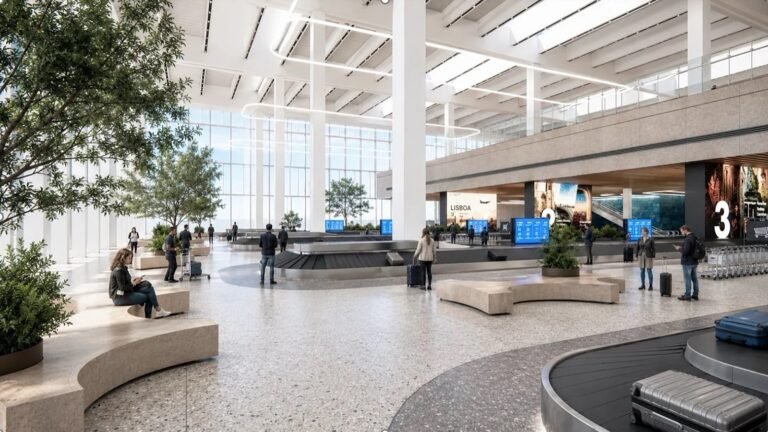 Computer-generated interior of a bright, high arrivals hall with baggage carousels, trees, curved stone benches and passengers with suitcases.