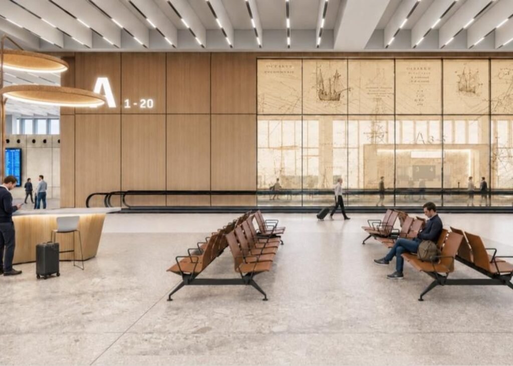 Computer-generated departure lounge with rows of wooden seats, a timber wall marked A 1–20 and a glass wall printed with old sea charts.