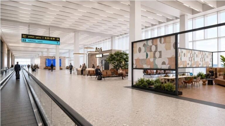 Computer-generated long airport corridor with a moving walkway on the left, signs to gates B01–B18 and a seating area with tile-patterned screens.