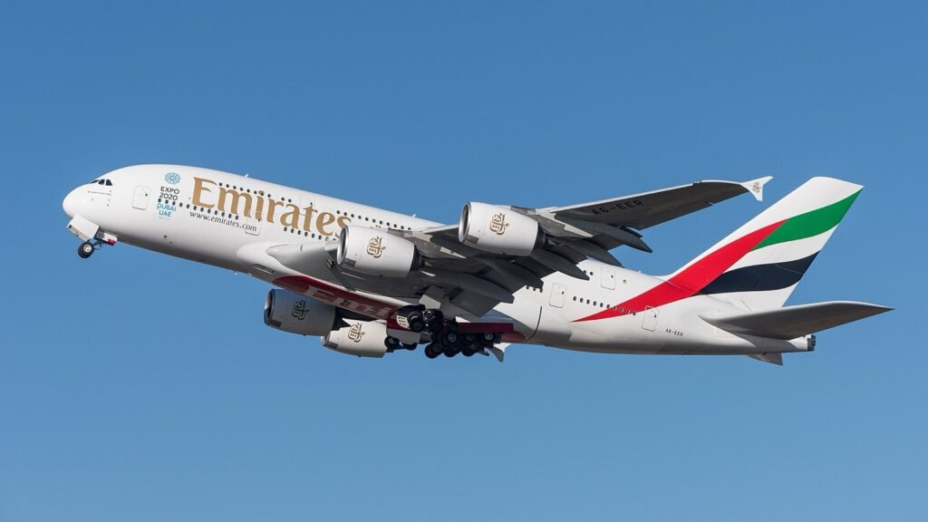 A very large four-engine double-deck airliner taking off.